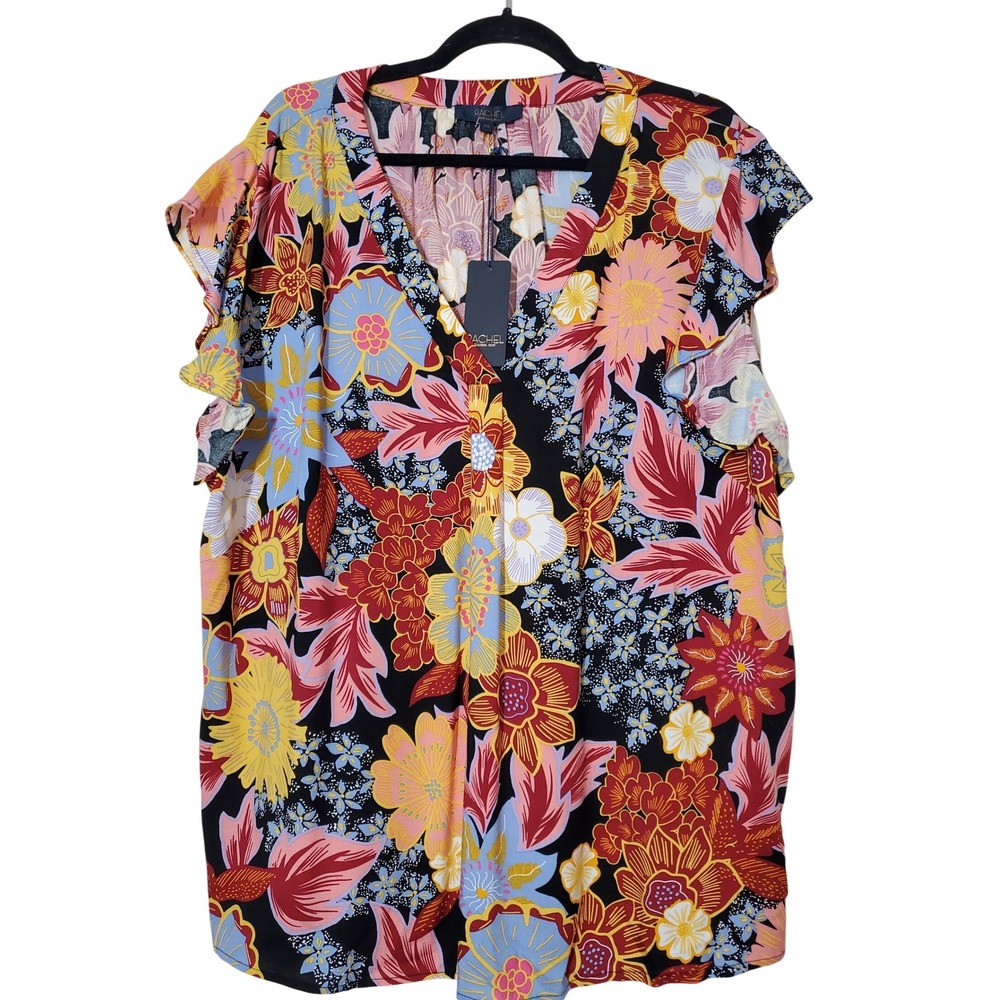 NWT RACHEL RAY Floral Ruffle‎ Sleeve V Neck Top Plus Size 3X Black Multi Color